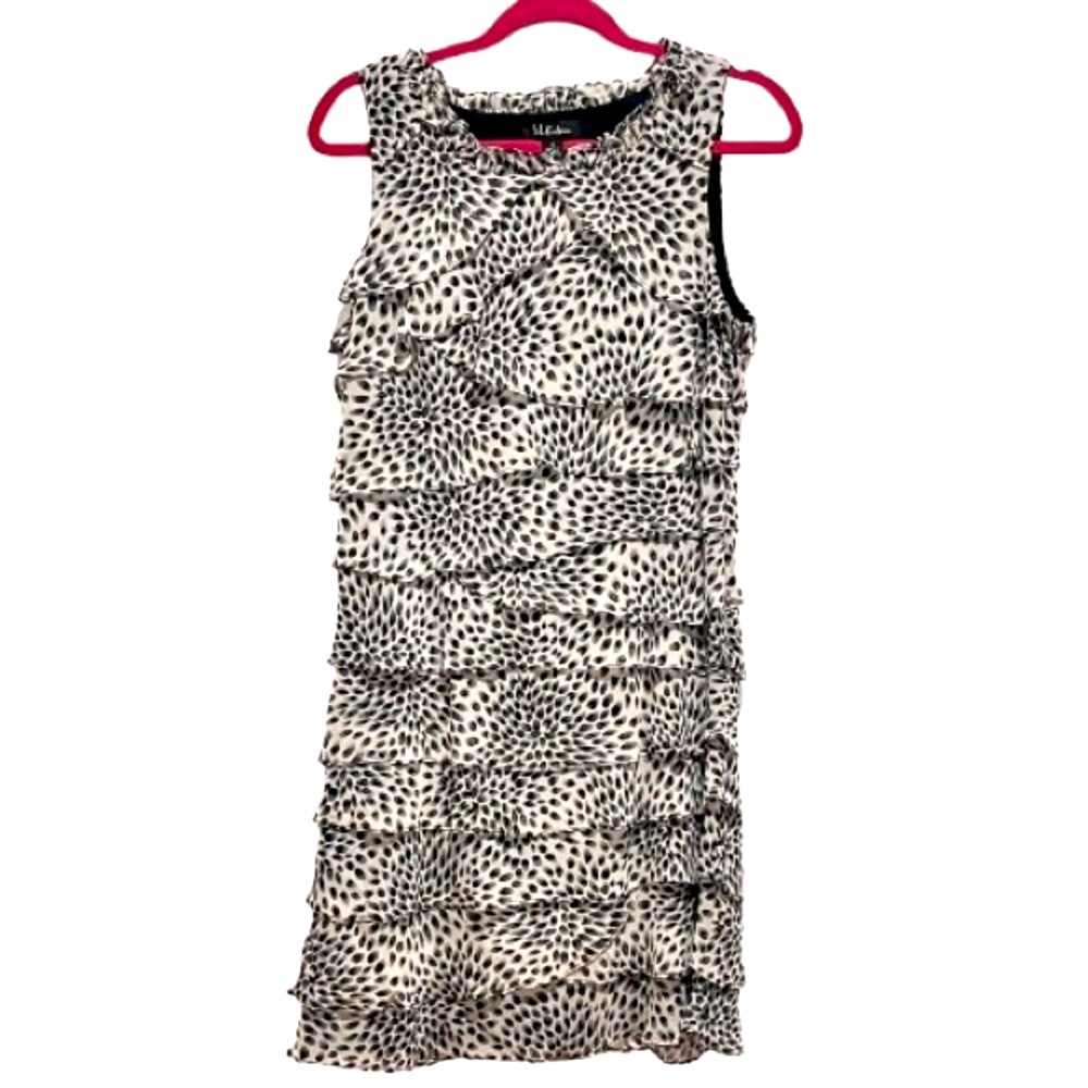 S.L. Fashions- Tiered Ruffle Animal Print Chiffon Dress. Size: 12
